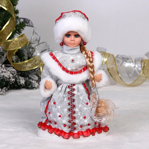 Снегурочка музыкальная "Красный бархат" 30 см (серебряная шубка)
