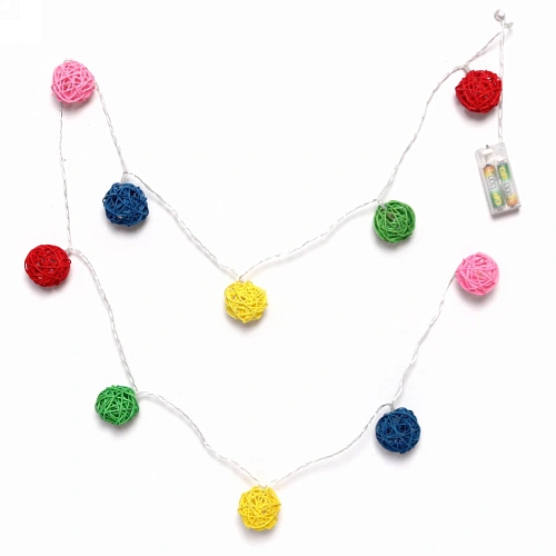 Гирлянда для дома  2м 10 ламп LED с насадками ШАР ПЛЕТЕНЫЙ ЦВЕТНОЙ d-5 см, прозрачпровод, Теплый белый_5