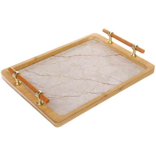 Поднос для завтрака "SHEF" 34,5*25*5,5см с пластиковыми ручками, светлый мрамор 