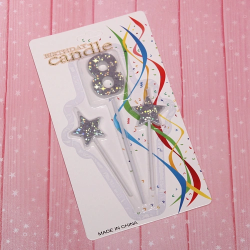 Свеча для торта Цифра Звёздное сияние 8 16 см (набор 3шт), серебро_3