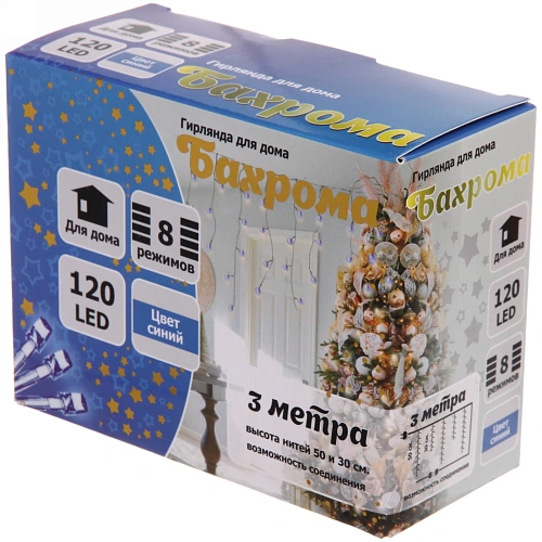 Гирлянда для дома БАХРОМА ш3м в3050см 120 ламп LED, прозрачнпровод, 8 реж, IP-20, Синий (возможность соединения)_25