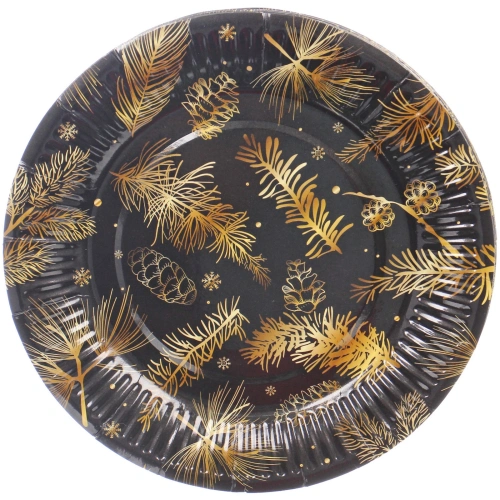 Тарелка бумажная 18 см в наборе 10 шт "Хвойная веточка", черный