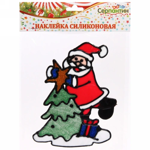 Наклейка на стекло  19*23 см,"Дед Мороз готовит праздник" 