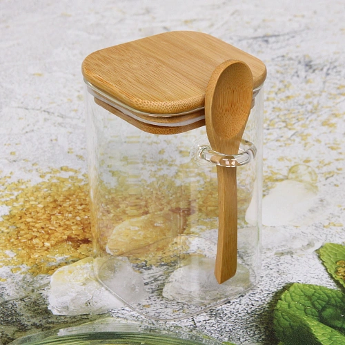 Банка для продуктов стеклянная 550мл Хай-Тек с бамбуковой крышкой и ложкой, квадратная 812см_4