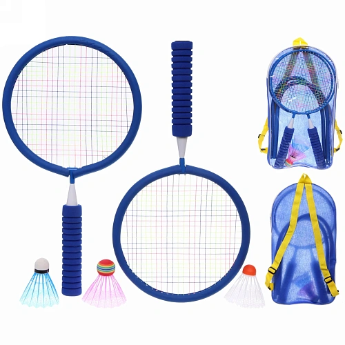 Бадминтон в наборе K-707 6 предметов: 2 металлические ракетки 43 см,3 волана, чехол (синий)